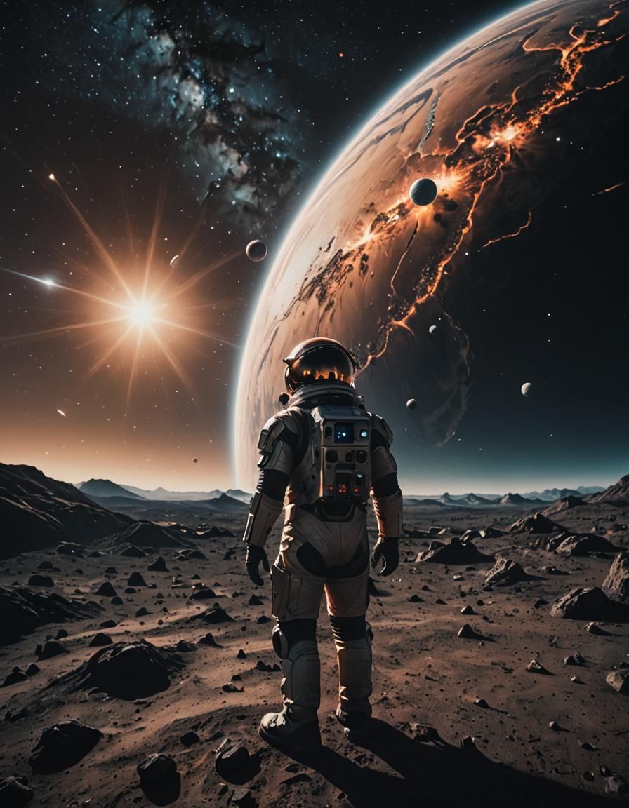 Astronaut Views Binary Star System on Distant Planet