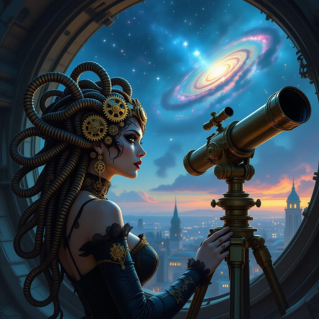 Steampunk Medusa in Dilapidated Observatory with Cosmic Sky