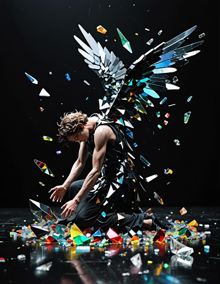 Fallen Angel Plunging into Darkness with Rainbow Wings
