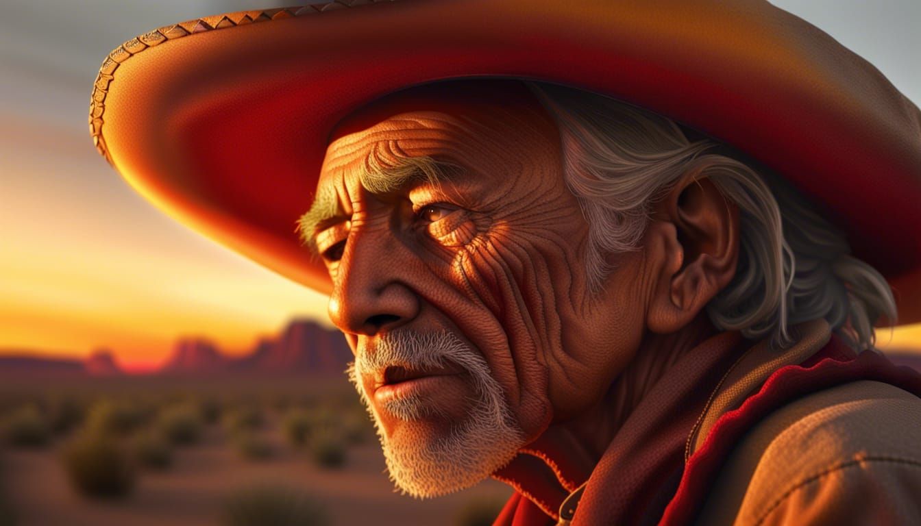Dramatic Desert Sunset with Weathered Rancher