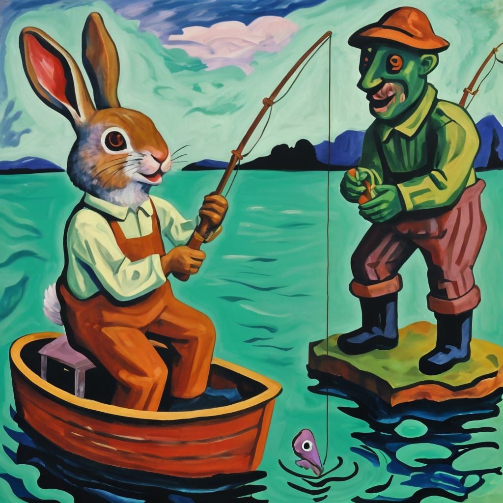 Whimsical Rabbits Fishing in Expressive Style