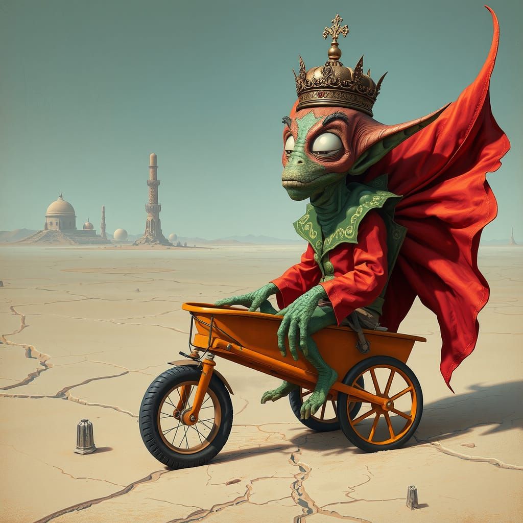 Surreal Desert Scene with Comically Arrogant Alien in Exagge...