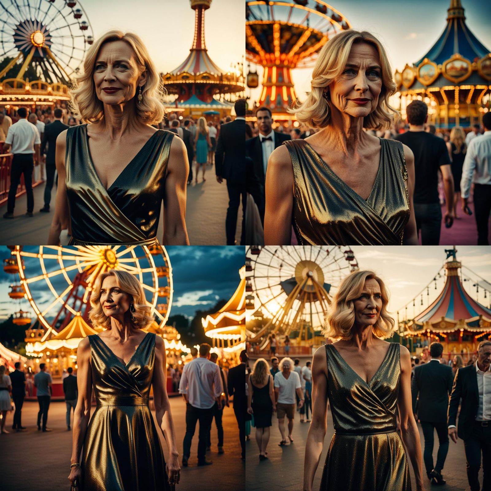 Woman in Evening Dress at Amusement Park at Sunset