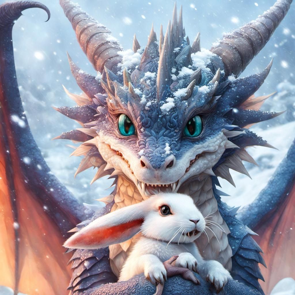 Anime Dragon Portrait with Rabbit in Blizzard