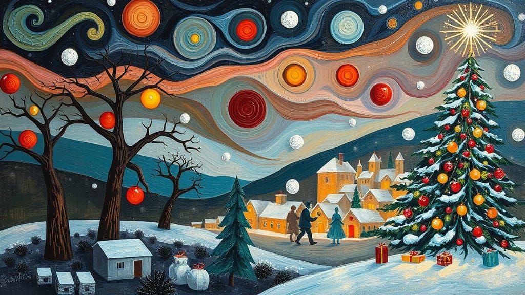 Impasto Christmas Scene with Baobabs and Swirling Lights