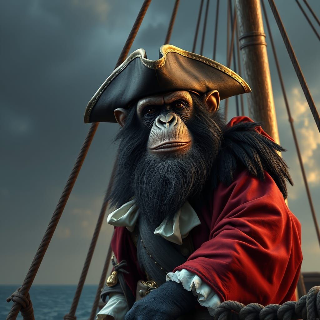 Chimp as Blackbeard the Pirate on a Galleon