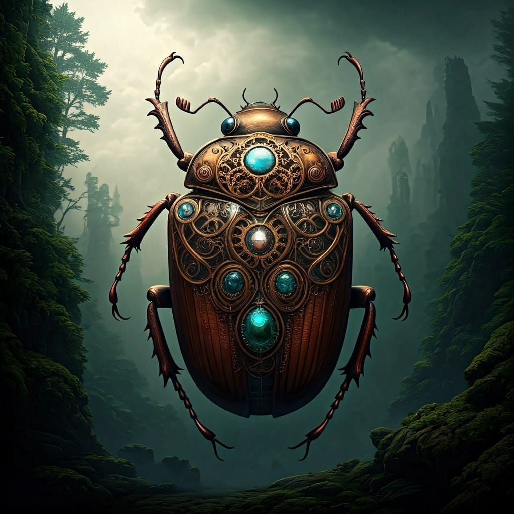 Steampunk Beetle in Fantasy Landscape