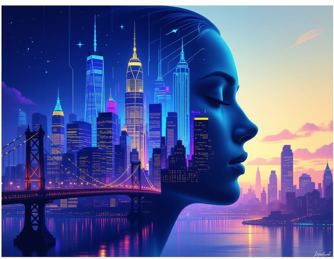 Surreal Cityscape Optical Illusion Face in Neon Light
