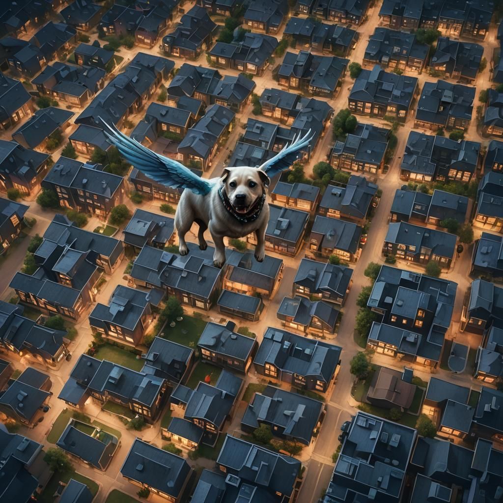 Ghost Dog Flying Over Neighborhood, Digital Art