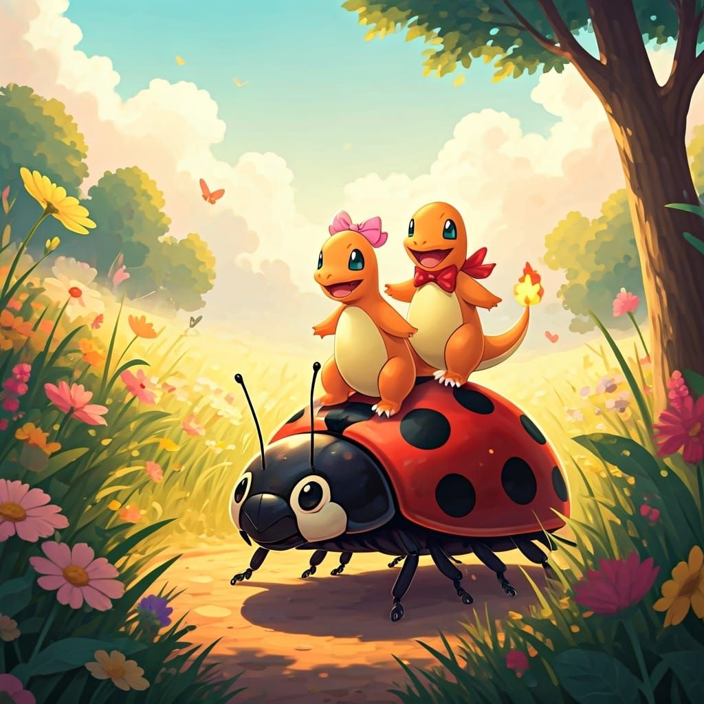 Charmanders Ride a Ladybug in a Sunny Meadow