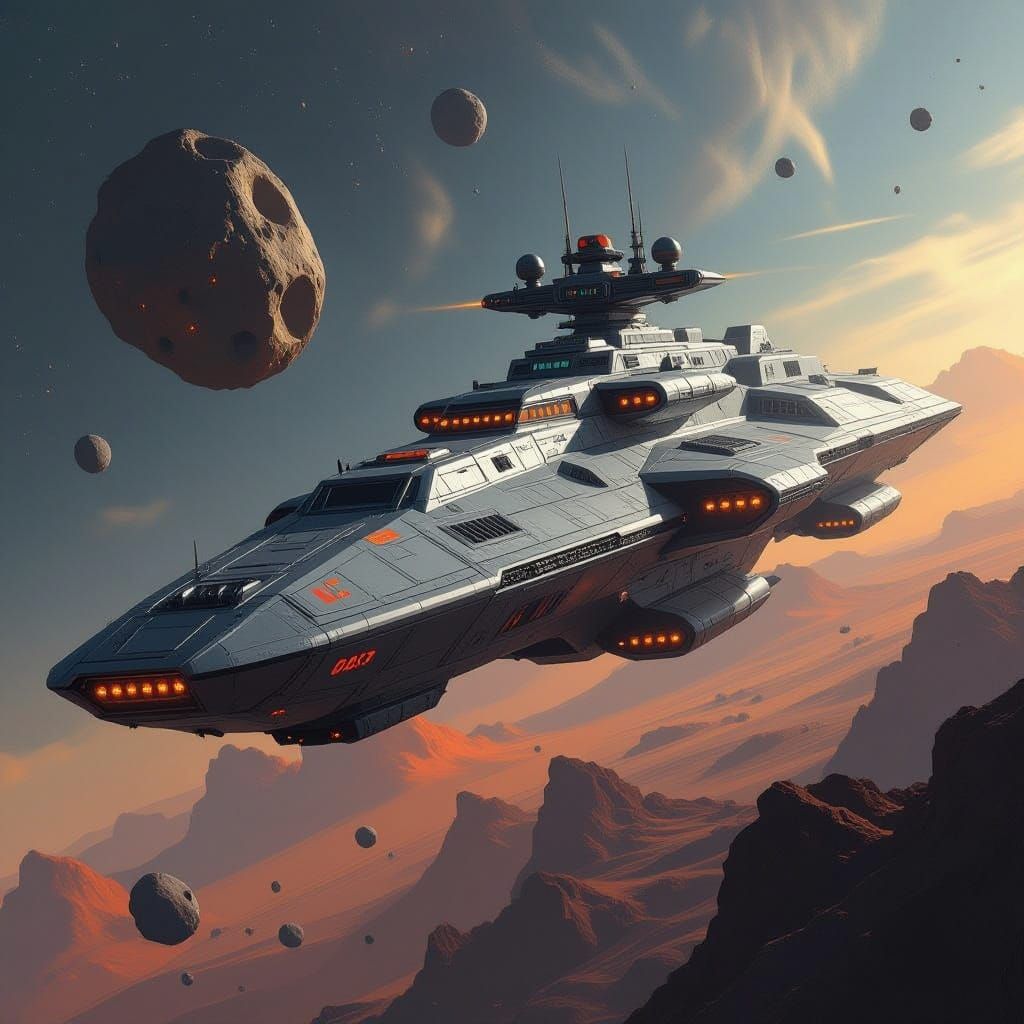 Chris Foss Style Space Battleship Near Asteroid