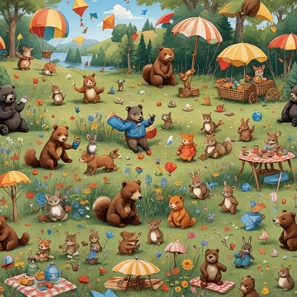 Whimsical Animals Enjoying a Picnic in Matte Painting Style