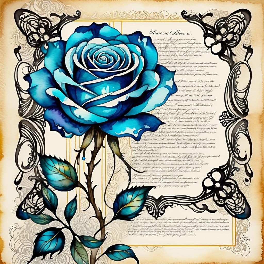 Tiffany Blue Rose on Stained Parchment