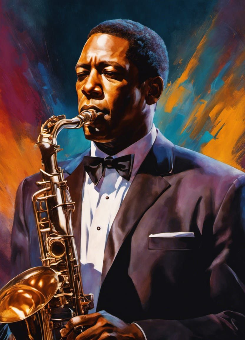 John Coltrane Portrait with Saxophone, Mixed Media Style