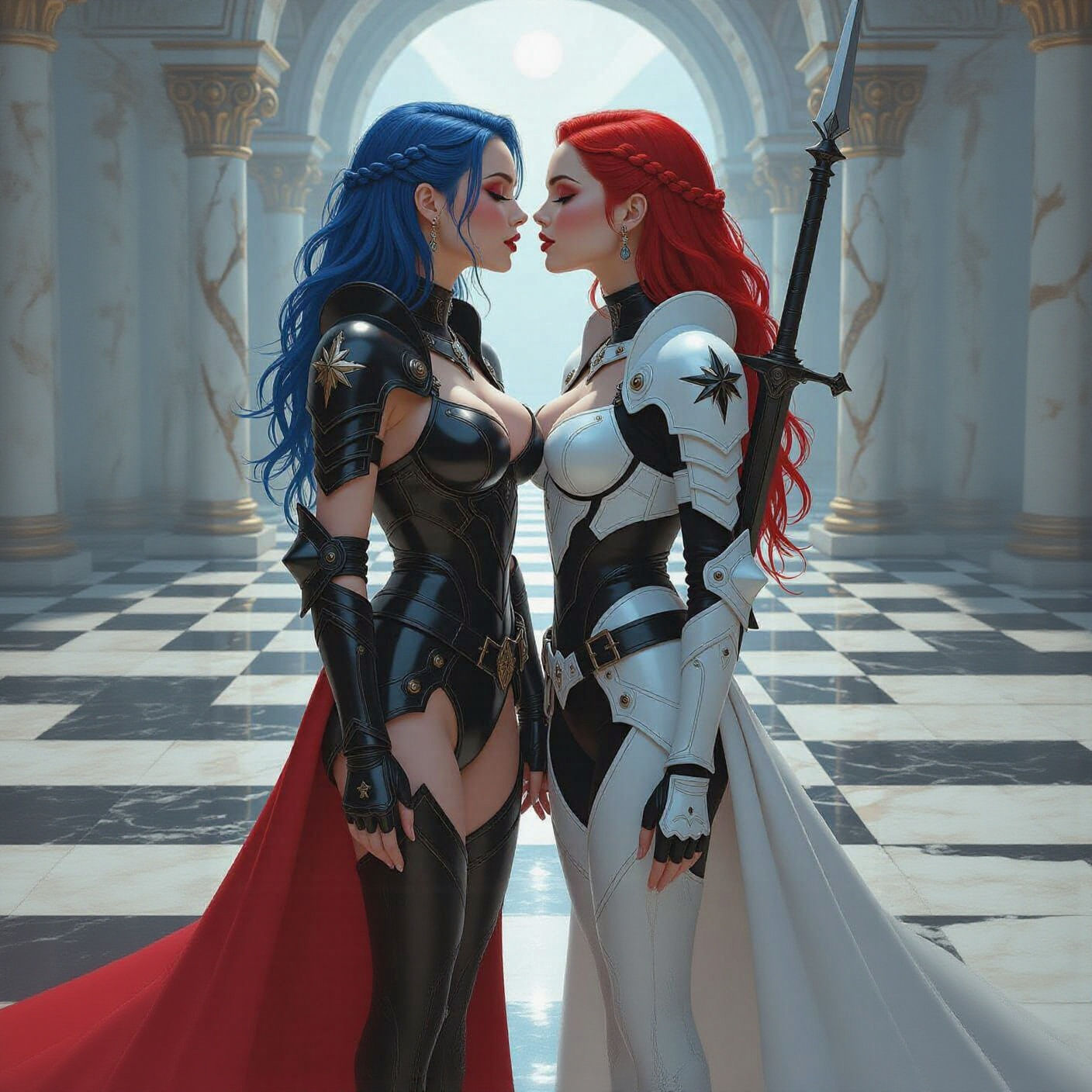 Sci-Fi Knights Kissing on Chessboard