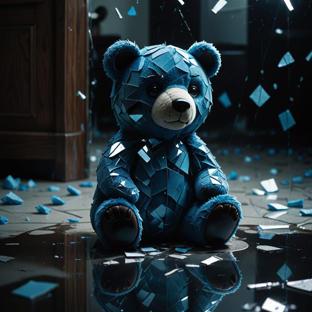 Eerie Blue Bear Stuffy in Shattered Mirror