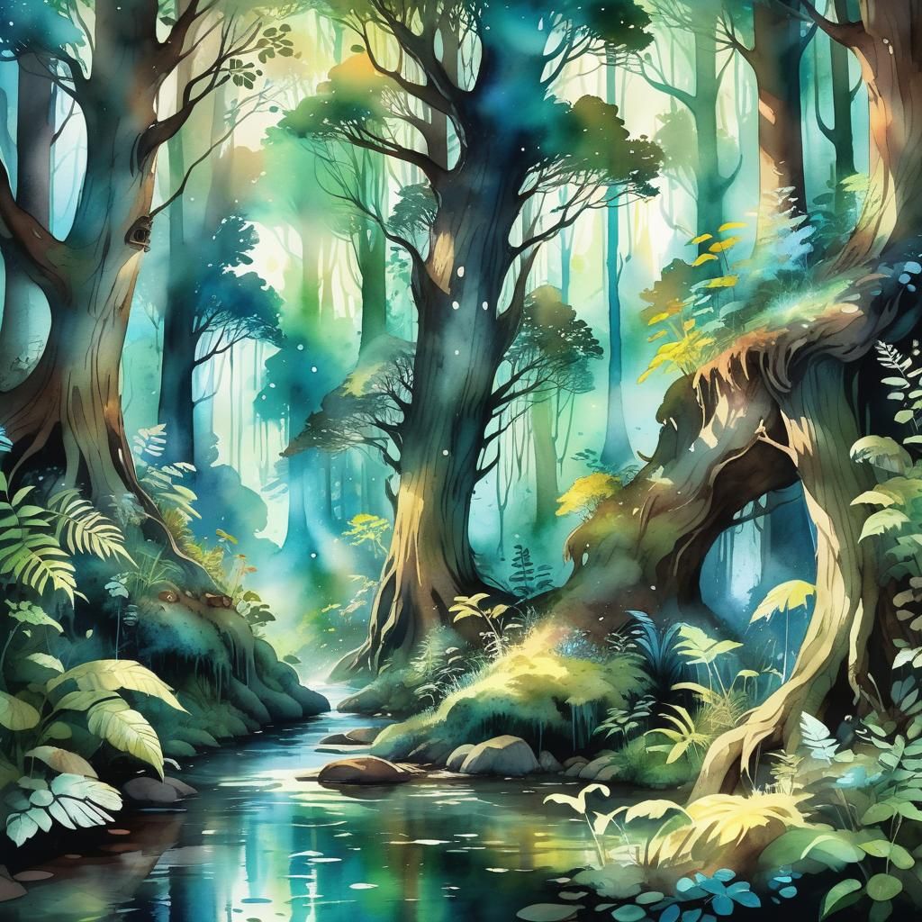 Mystical Forest Landscape in Watercolor Style