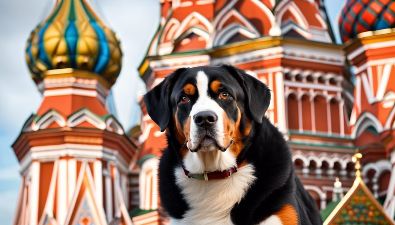 Swiss Mountain Dog Poses in Moscow's Red Square