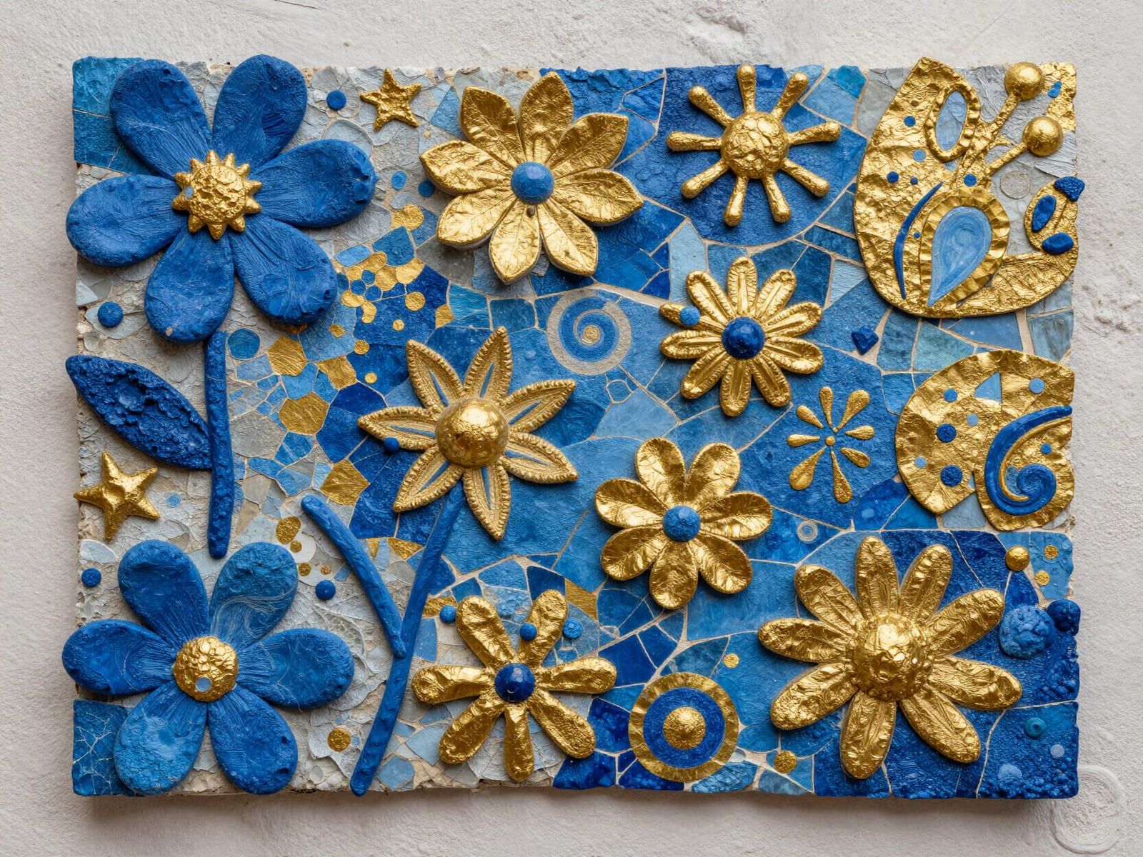 Vibrant Blue and Gold Mixed Media Collage Art