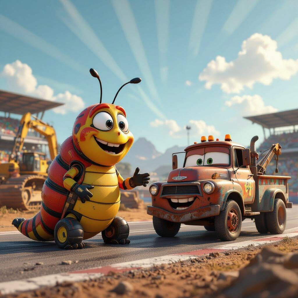 Caterpillar and Mater at Racetrack: Pixar-Style 3D Render
