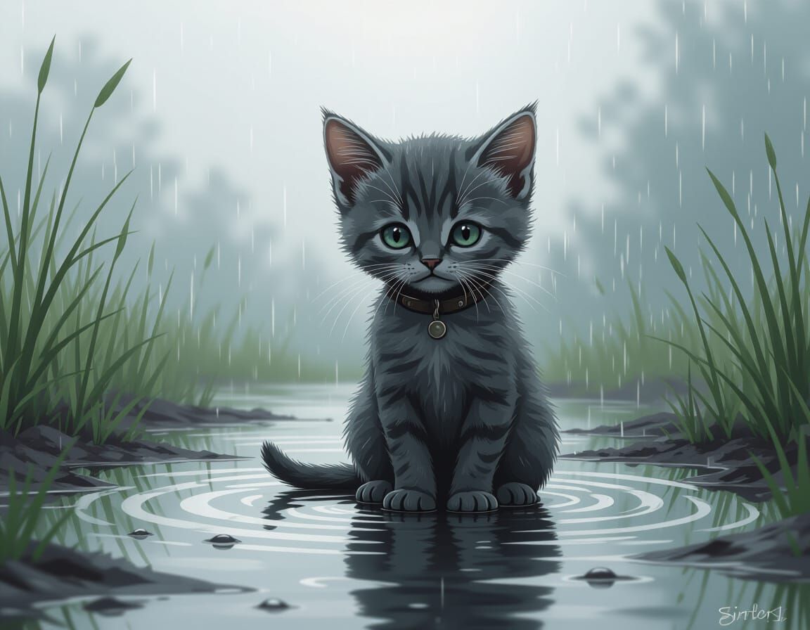 Gray Kitten in Rain Puddle, Atmospheric Lighting