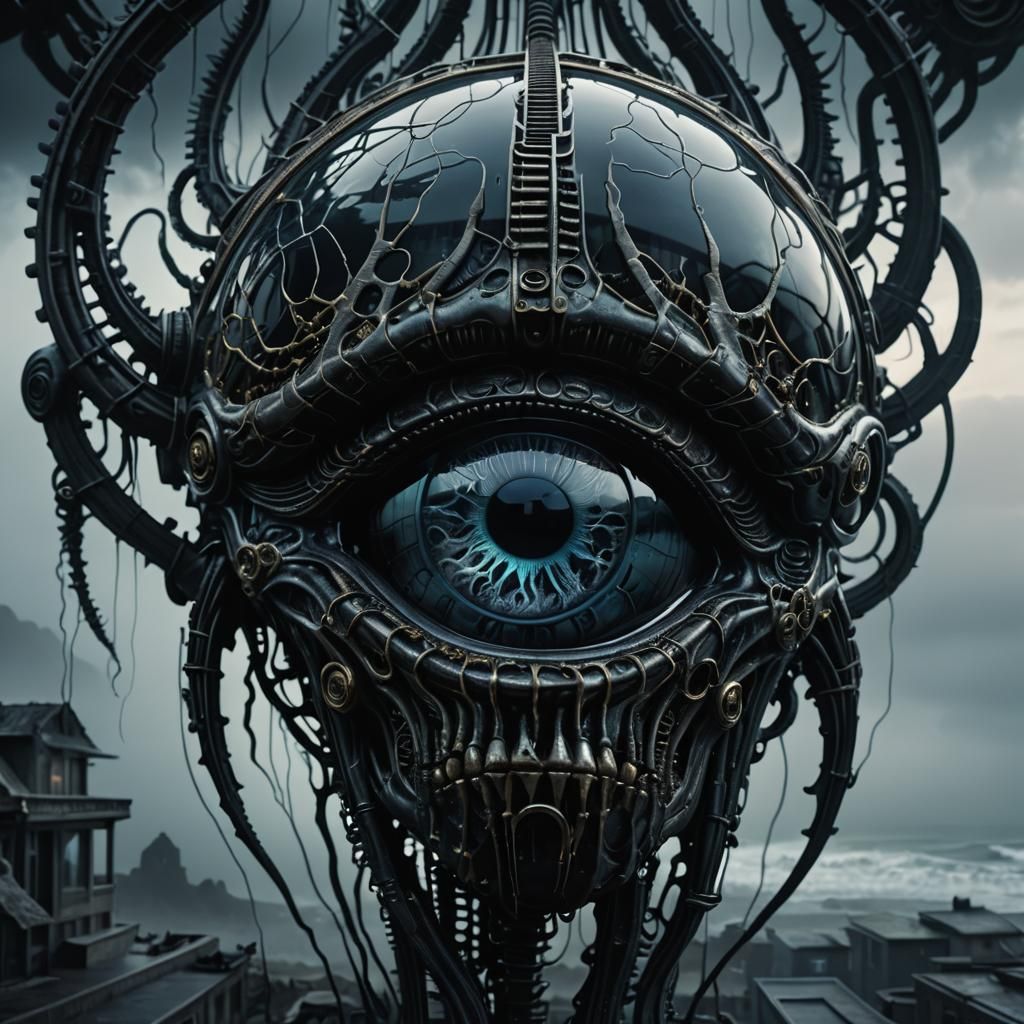 Giger-Inspired Biomechanical 'A' with Eye and Brain