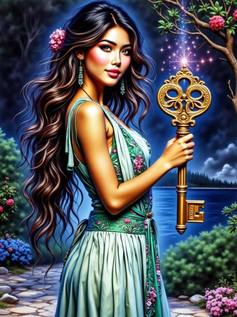 Ethereal Woman Holding Glittering Golden Key in Enchanted La...