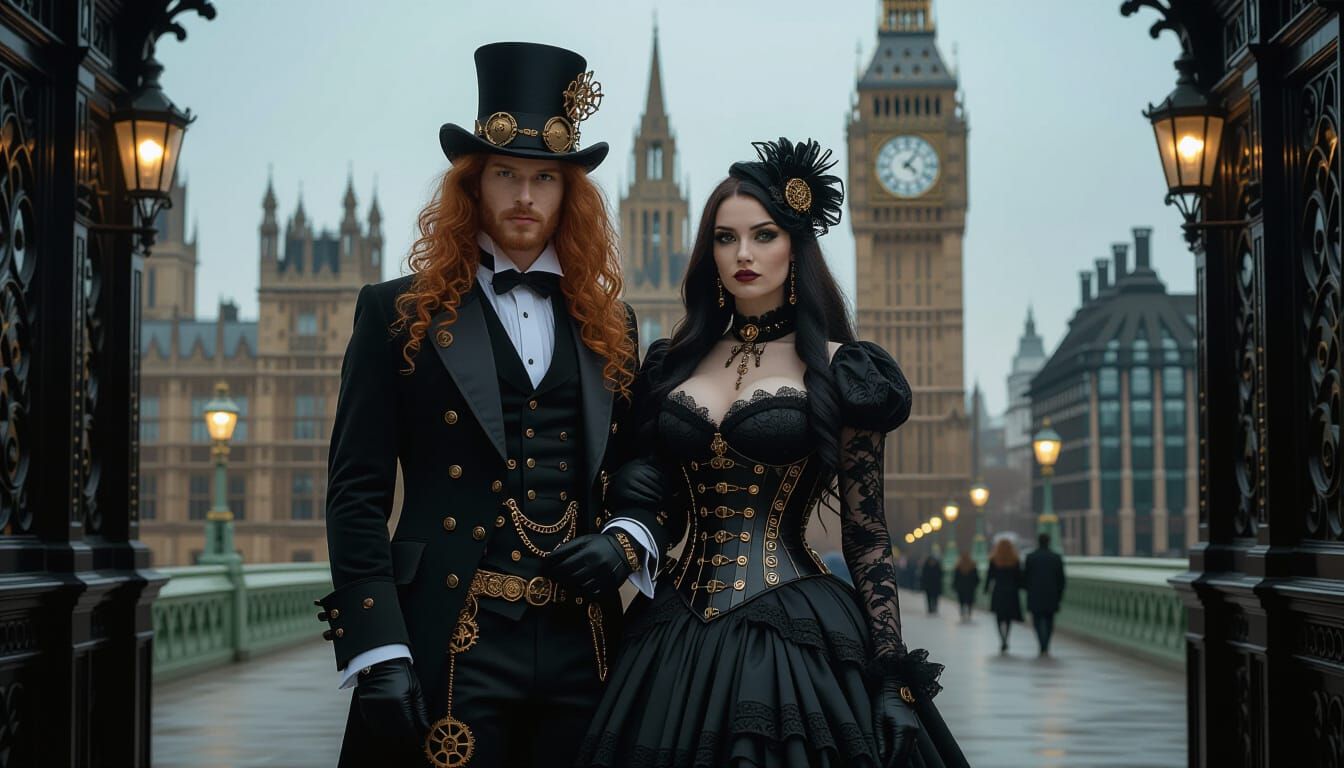 Steampunk-Gothic Couple Before Big Ben and Gothic Manor