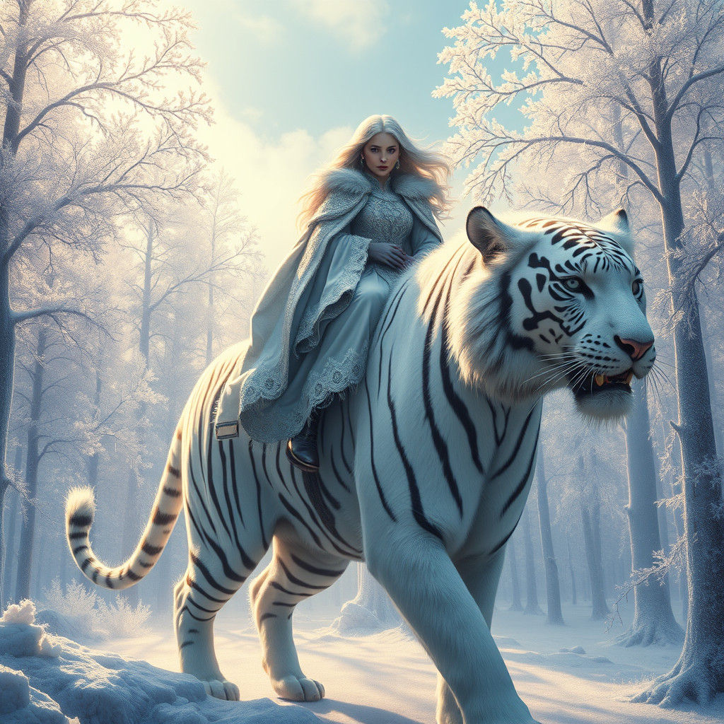 Woman Rides White Tiger Through Frosted Forest