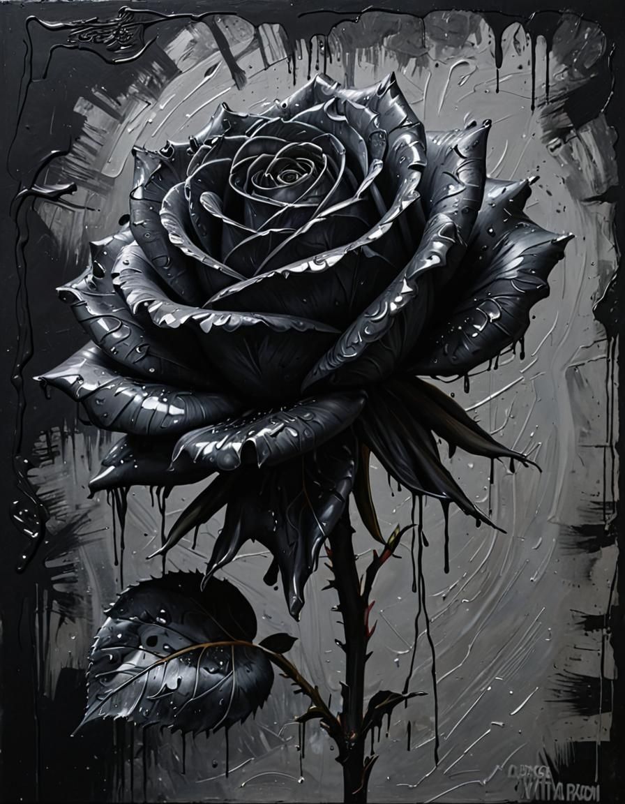 Dramatic Black Rose with Silver Highlights in Grunge Style