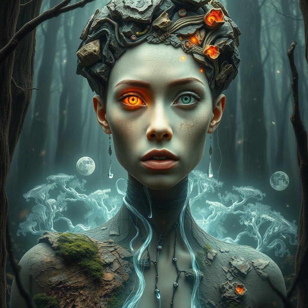 Transhumanist Goddess Emerges from Glowing Mycelium in Dream...