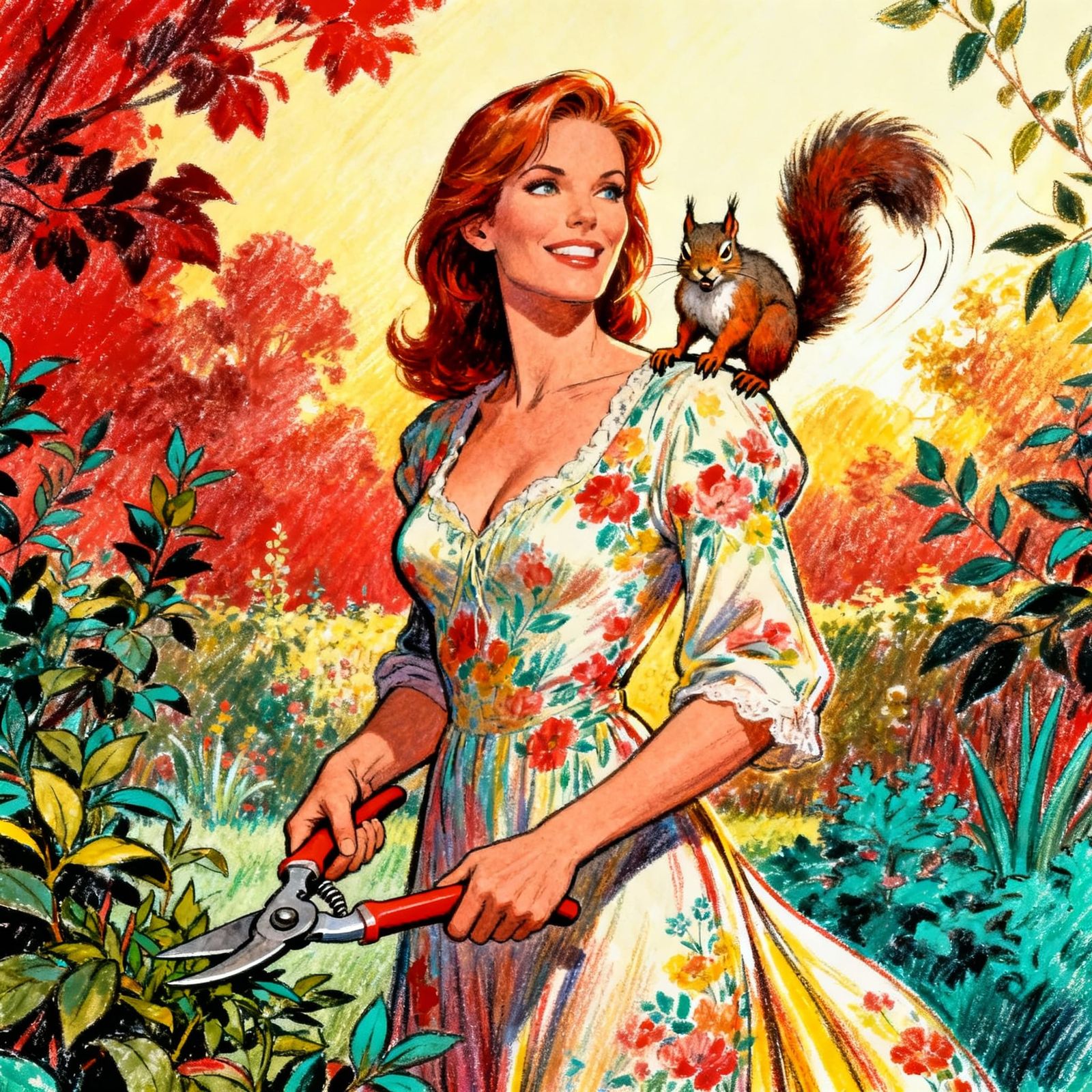 Seductive Gardener and Wicked Squirrel in Vibrant Colors