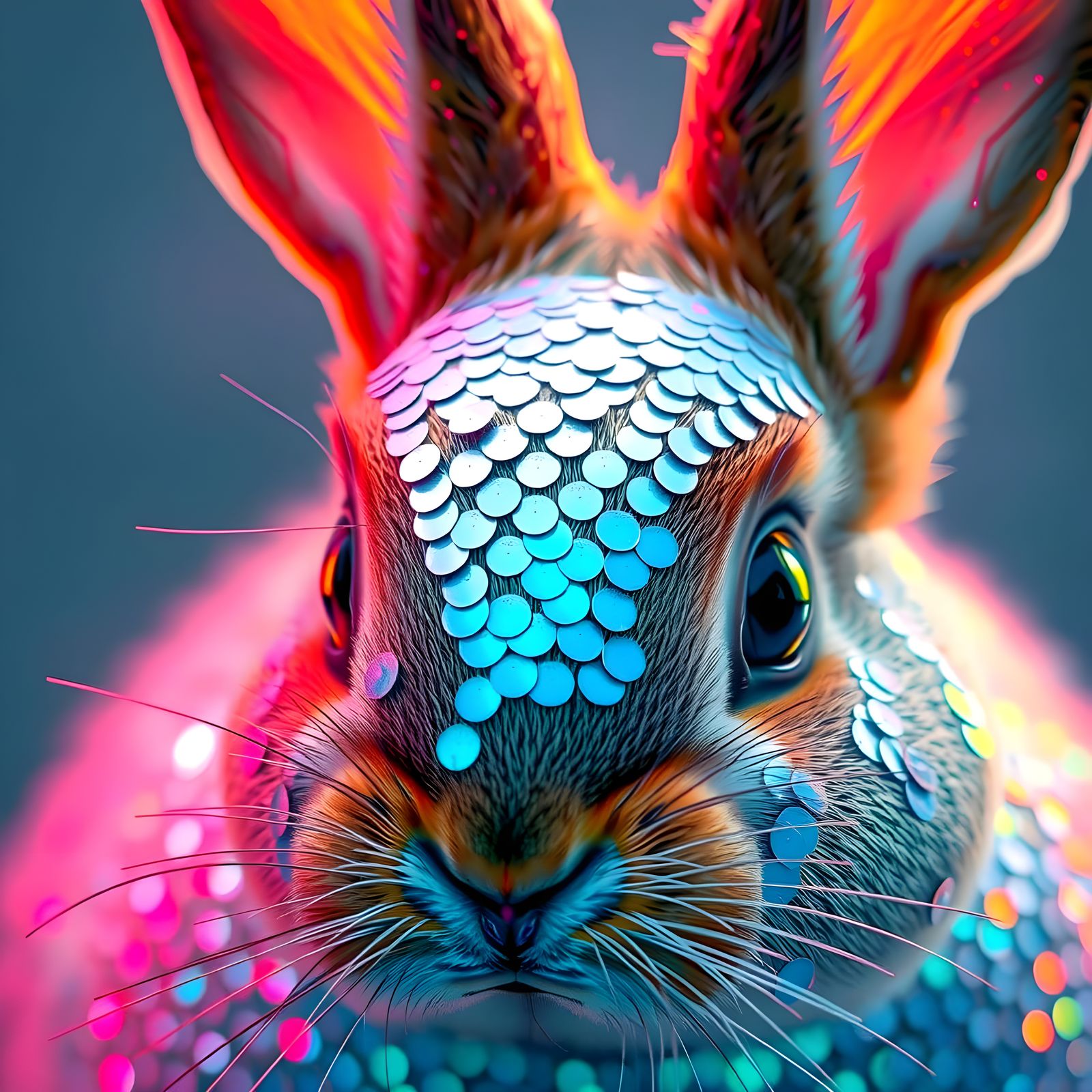 Surreal Sequin Bunny Shimmers in Hyperrealistic Portrait