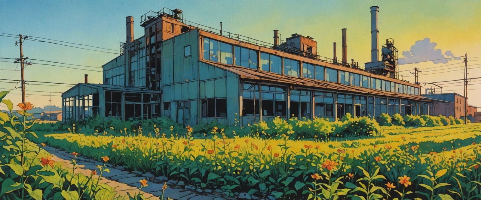 Abandoned Factory Overgrown with Flowers in Watercolor Style