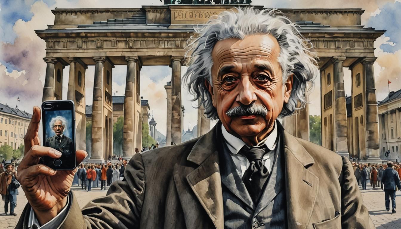 Einstein Selfie at Brandenburg Gate in Watercolor Drip