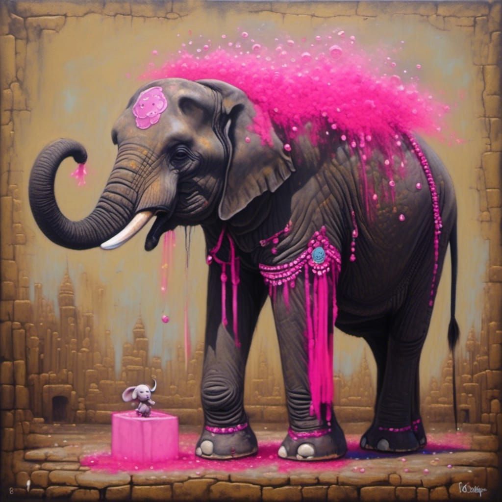 Elephant in Pink Tutu, Oil Painting on Canvas