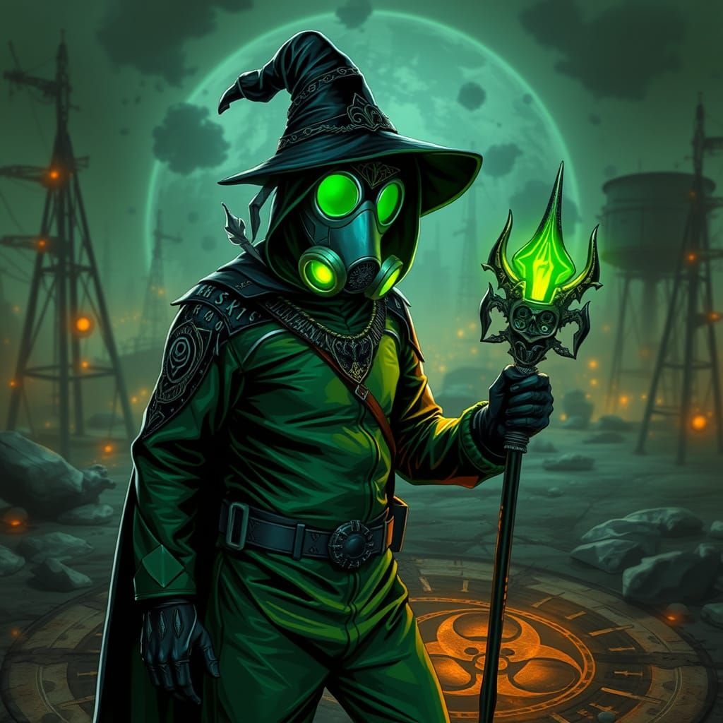 Dark Fantasy HazMat Witch in Industrial Wasteland