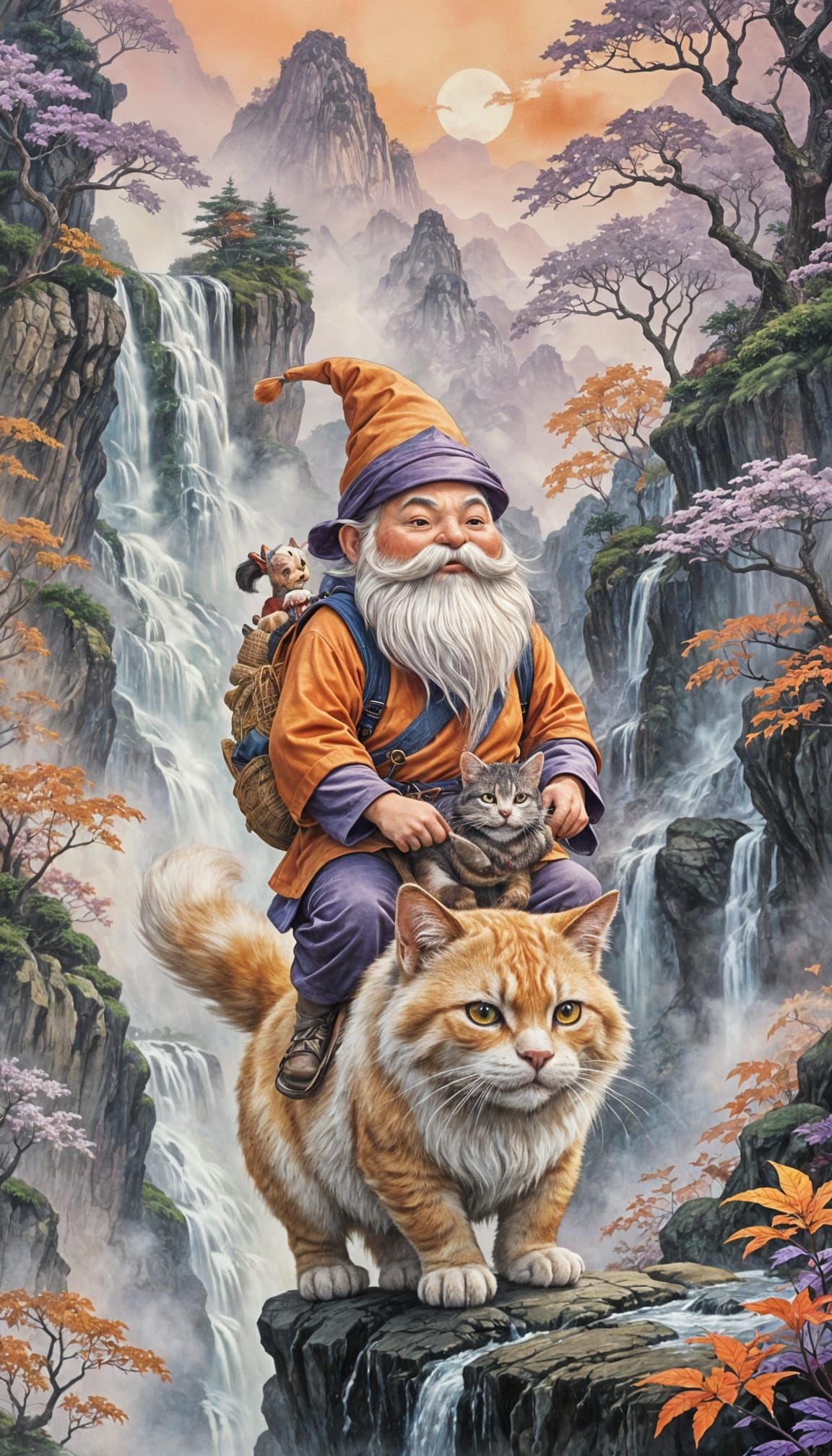 Gnome Rides Giant Cat: Ukiyo-e Watercolor Print