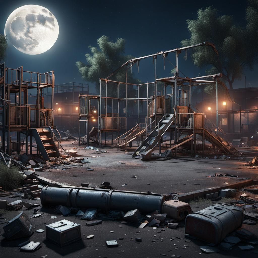 Derelict Playground Under Moonlight: 3D Cinematic Render