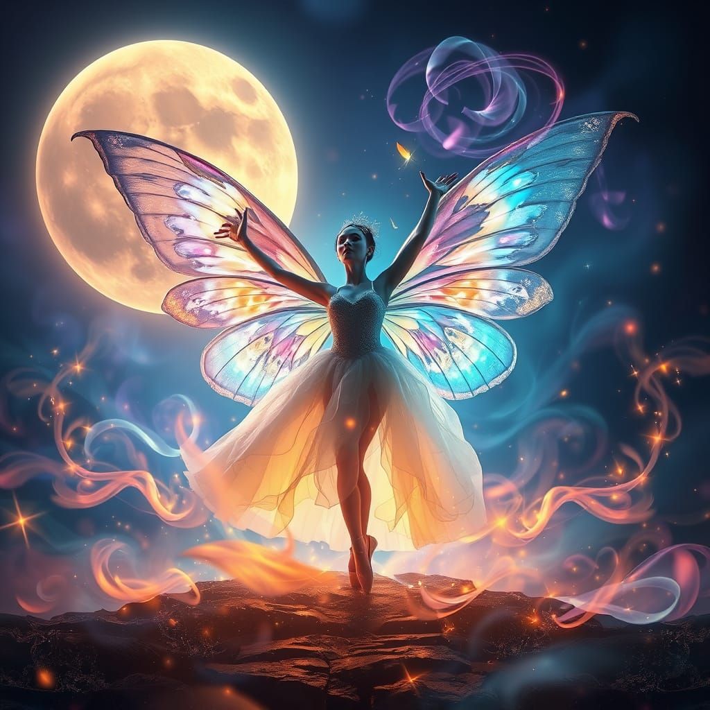 Majestic Butterfly Ballerina Under Mystical Moonlight
