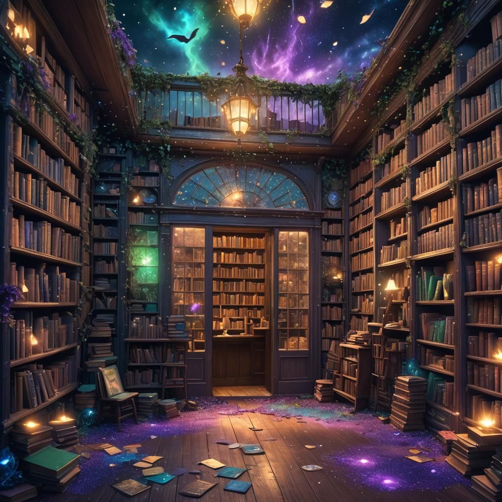 Magical Bookshop Interior in Splash Art Style