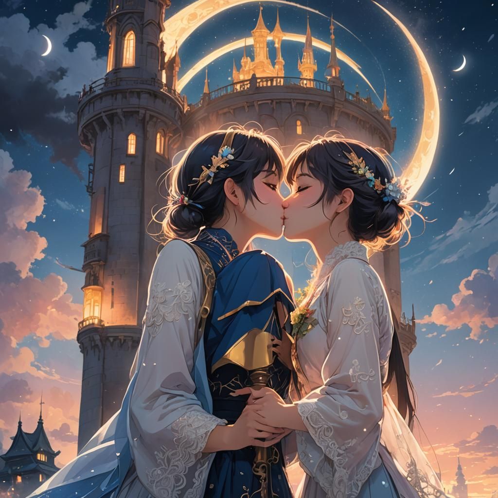 Romantic Anime Girls Kissing on Mystical Tower