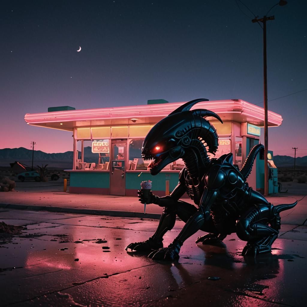 Alien Xenomorph at a Retro Gas Station in Noir Style