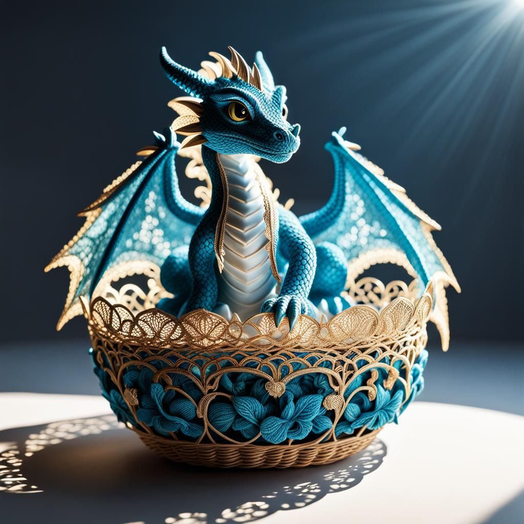 Hyperrealistic Lace Baby Dragon in Basket