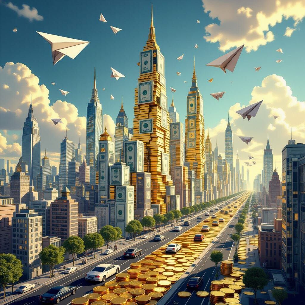 Surreal Money Cityscape with Flying Paper Airplanes