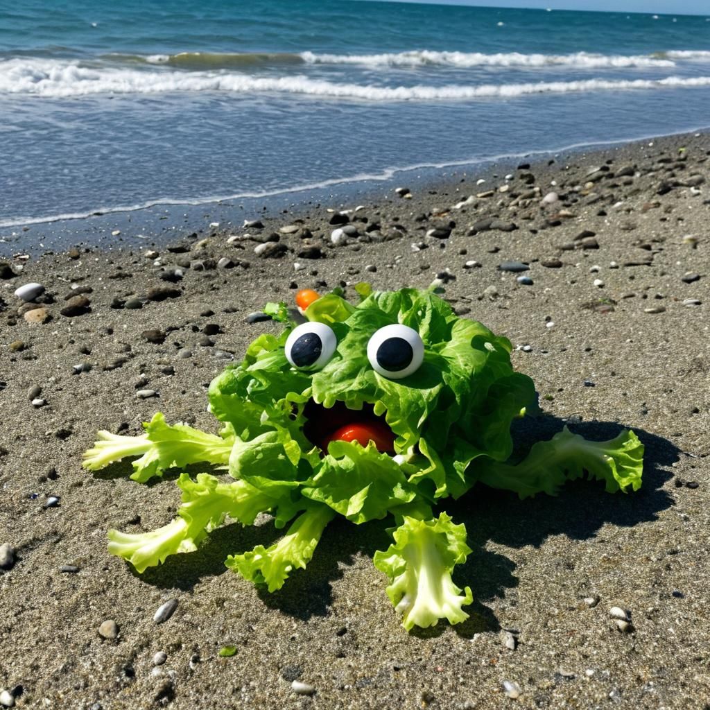 Salad Creature on Beach Afraid of Sun