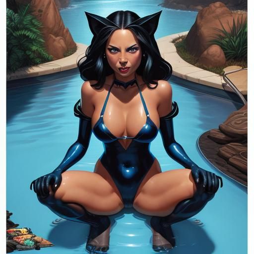 Black Cat in Blue Bikini Comic Book Art