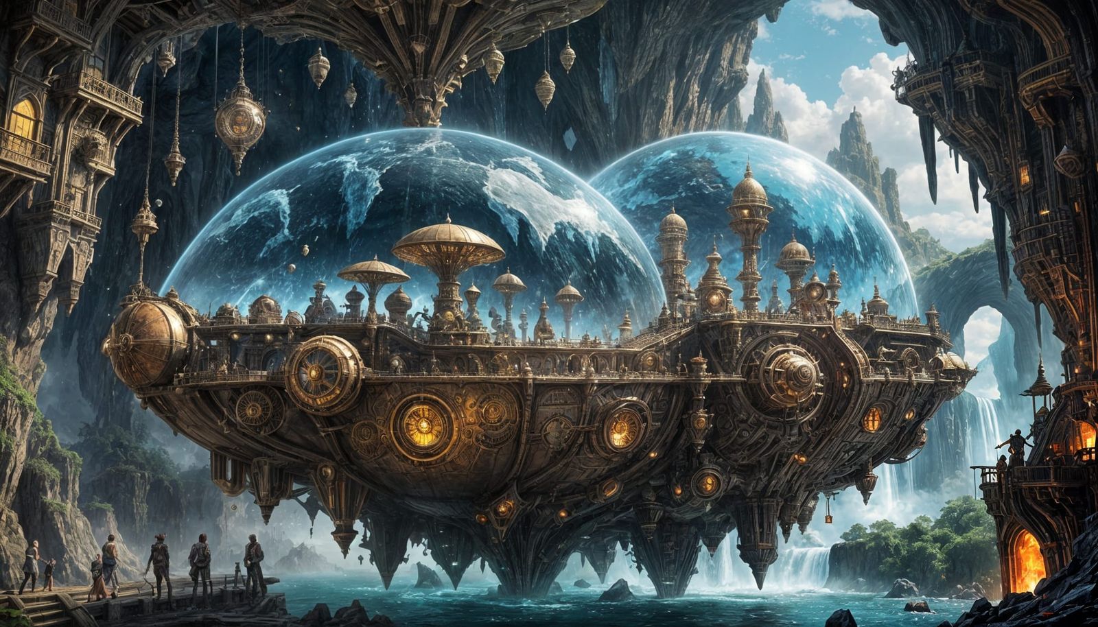Steampunk Geode City with Crystal Spires and Airships