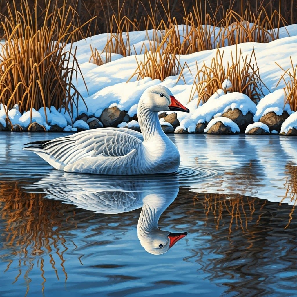 Chrome Snow Goose on Frozen Pond in Acrylic Style