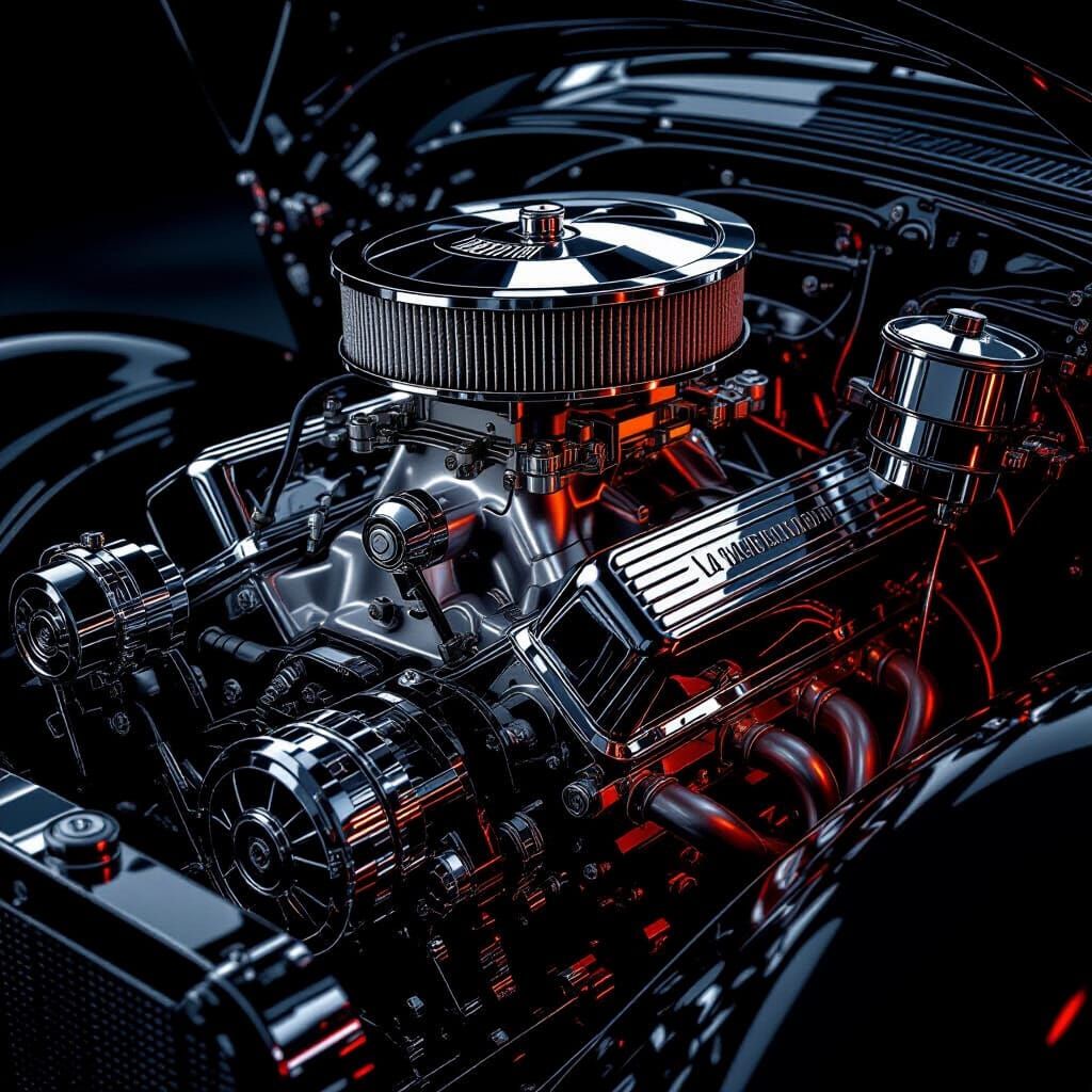 Vintage V8 Engine Close-Up in Dramatic Industrial Lighting